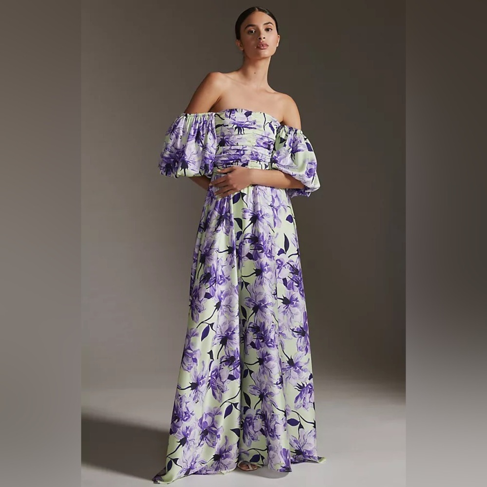 Anthropologie Delfi Puff-Sleeve Floral Printed Maxi Dress Size L